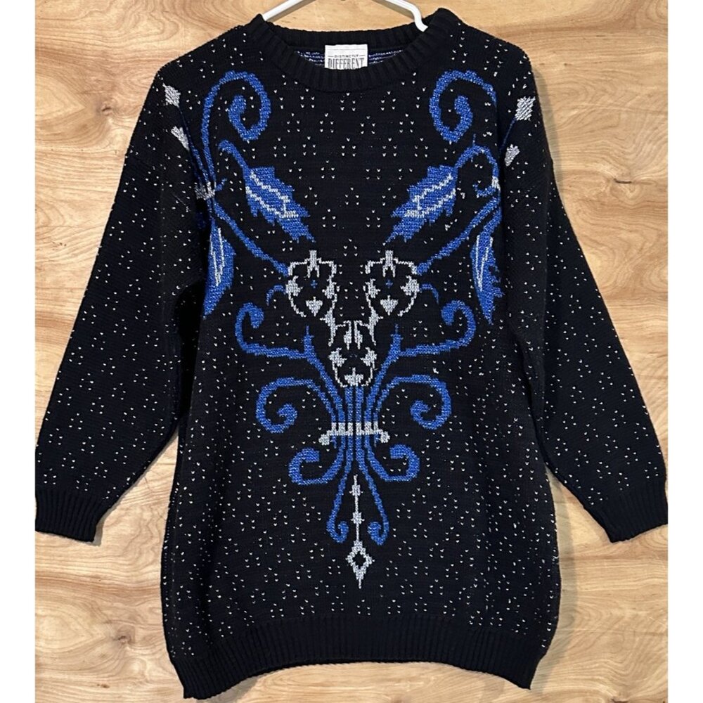 Vintage 80s Sweater 18W  Metallic shimmer Knit Blue Retro Distinctly Different